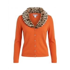White + Warren Cardigan Womens M Silk Cashmere FauxFur Collar Orange Leopard Y2K
